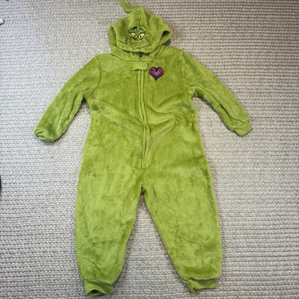 The Grinch Plush Fleece one piece Pajamas Toddler Size 4T Hooded Zip-Up XMAS